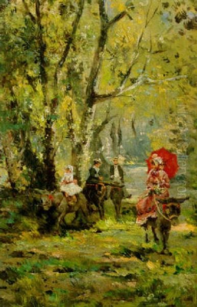 Auf Eseln Reitende Herrschaften In Einem Park Oil Painting by Leon Richet