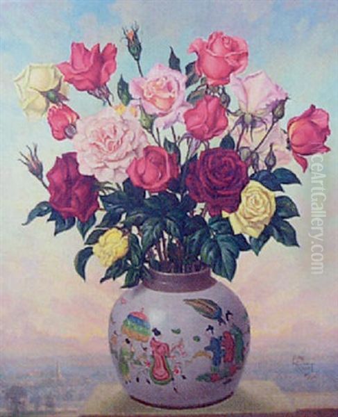 Still Life Of A Vase Of Roses, A Landscape Beyond by Leon Richet