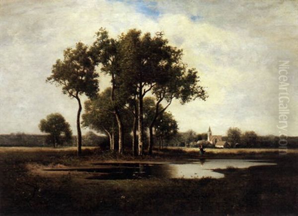 A Tranquil Landscape With A Figure By A Pond In The Foreground And Church Beyond Oil Painting by Leon Richet