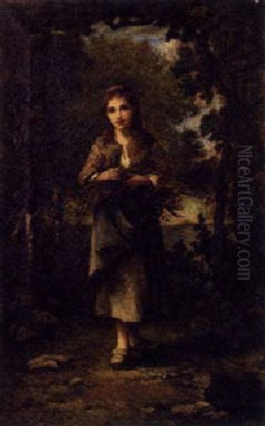 A Young Girl Gathering Wood Oil Painting by Leon Richet