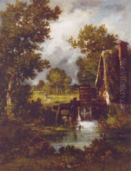 A Watermill In A Wooded Landscape Oil Painting by Leon Richet