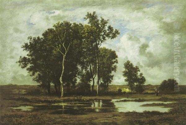 A Country Landscape With A Figure By A Pond In The Foreground Oil Painting by Leon Richet