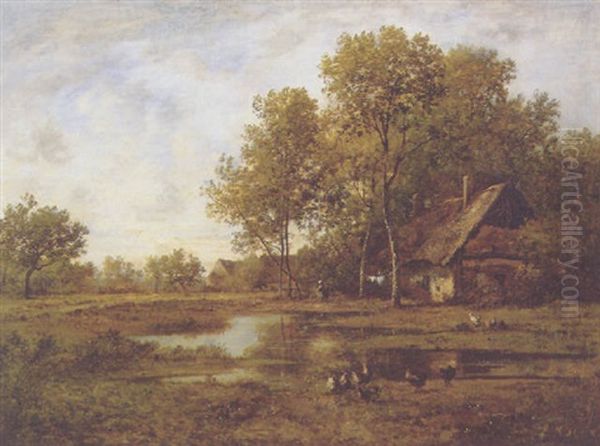 A Cottage In A Farm Landscape With Chickens Feeding Oil Painting by Leon Richet