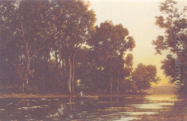 A Man Rowing His Boat Along A River At Dusk Oil Painting by Leon Richet