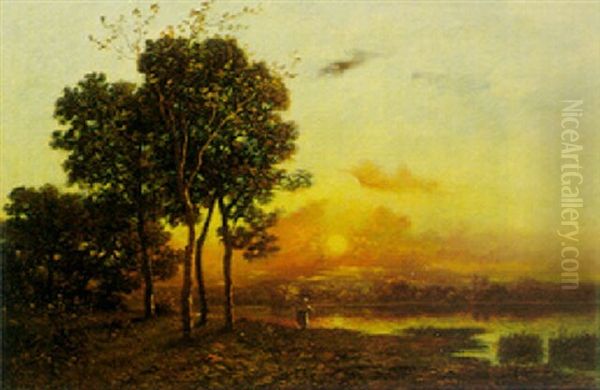 Fishing At Sunset Oil Painting by Leon Richet