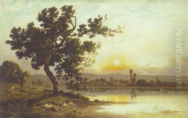 A Wooded Lake Oil Painting by Leon Richet