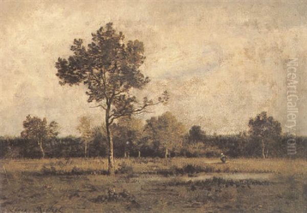 Figure Before A Pond In A Wooded Landscape Oil Painting by Leon Richet