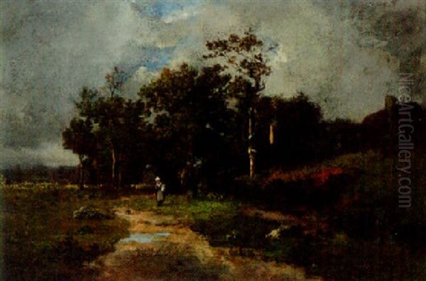 A Woman On A Path In A Wooded Landscape Oil Painting by Leon Richet