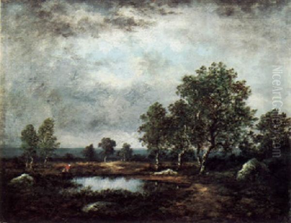 Drawing Water In A Brooding Landscape Oil Painting by Leon Richet