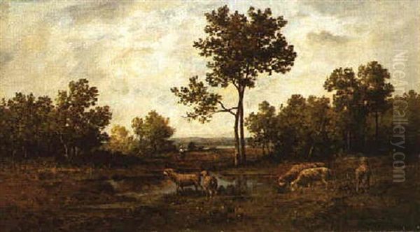 Shepherdess And Sheep By A Wooded Pond Oil Painting by Leon Richet