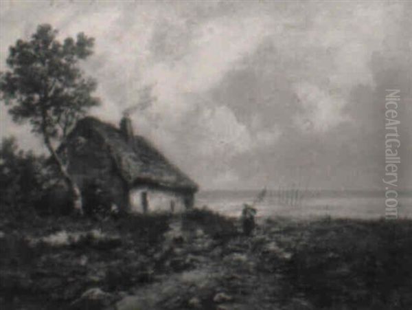 The Fisherman's Hut: Landscape With Figures And A Distant Sea Oil Painting by Leon Richet