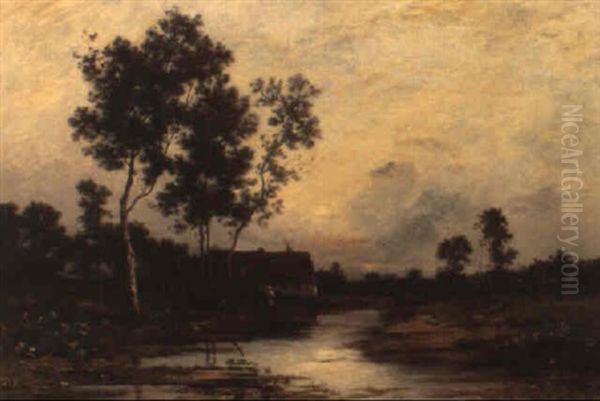 Cottage By A Stream At Twilight by Leon Richet