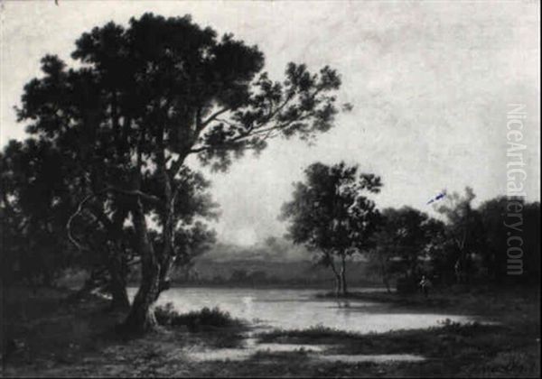 A Wooded River Landscape With A Peasantwoman By A Pond At Sunset by Leon Richet