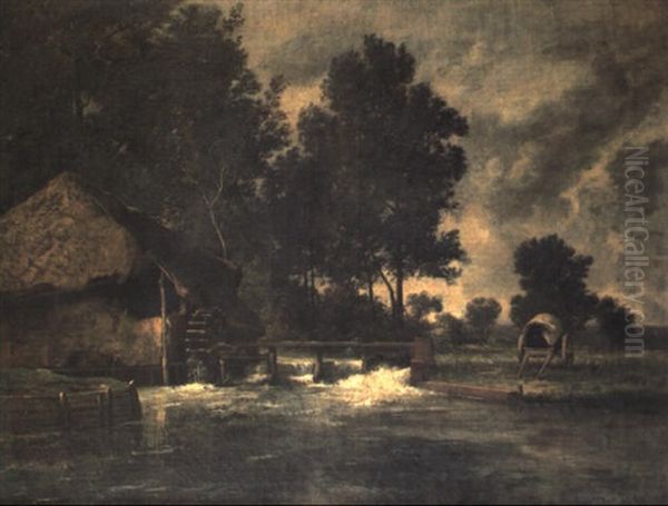 A Cart By A Watermill In A River Landscape Oil Painting by Leon Richet