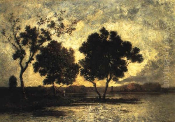 A River Landscape At Dusk Oil Painting by Leon Richet