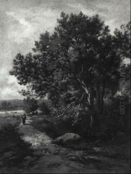 Wooded Landscape With A Peasantwoman And Child On Path Oil Painting by Leon Richet