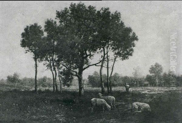 Shepherdess With Her Flock In A Wooded Landscape Oil Painting by Leon Richet