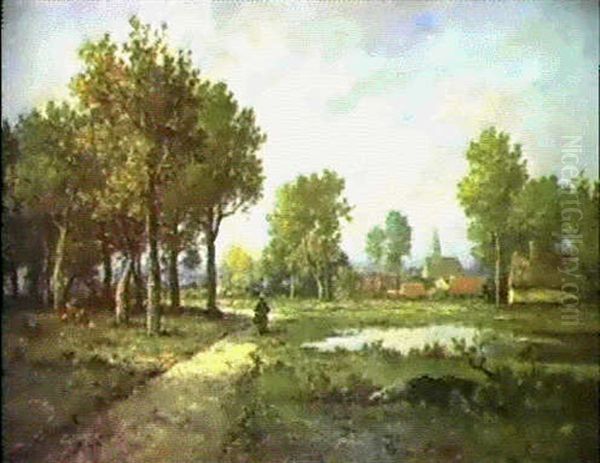 A Figure Before A Village In An Extensive Landscape Oil Painting by Leon Richet