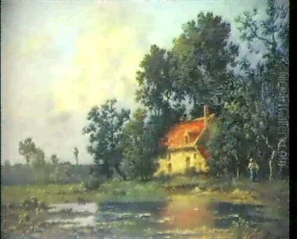 Bauernhaus Mit Moorlandschaft Oil Painting by Leon Richet