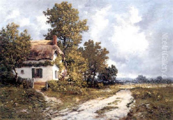 A Thatched Cottage Along A Country Road Oil Painting by Leon Richet