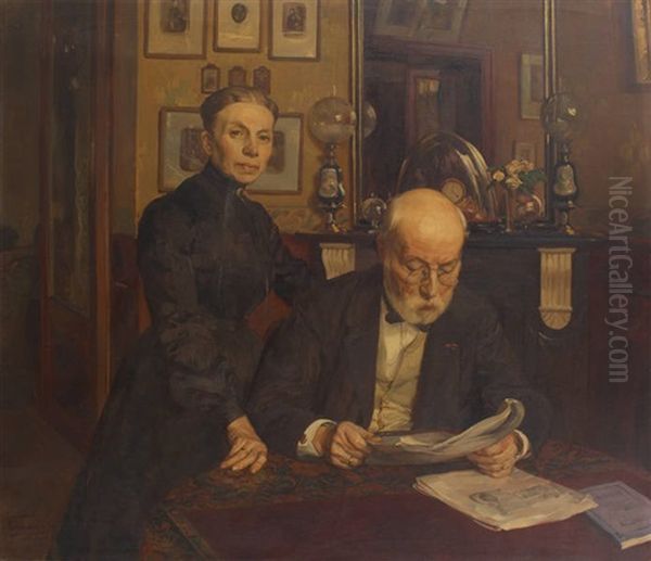 Les Parents D'hermann Richir Lisant Le Journal Oil Painting by Herman Jean Joseph Richir