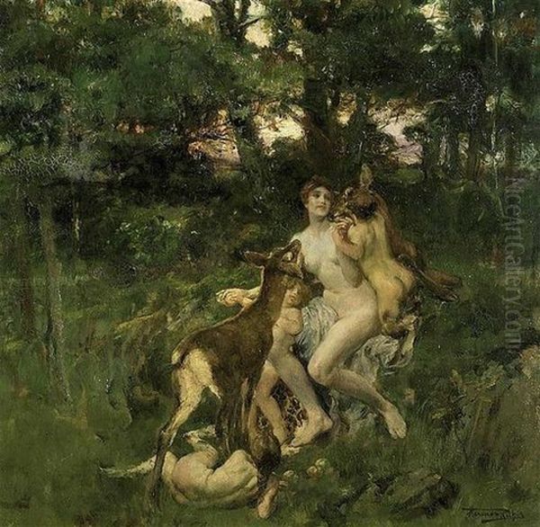 Venus Et Amour Entoures De Satyres Et De Biches Oil Painting by Herman Jean Joseph Richir