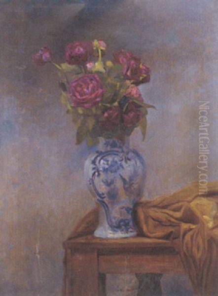 Les Roses Au Vase Bleu Oil Painting by Herman Jean Joseph Richir