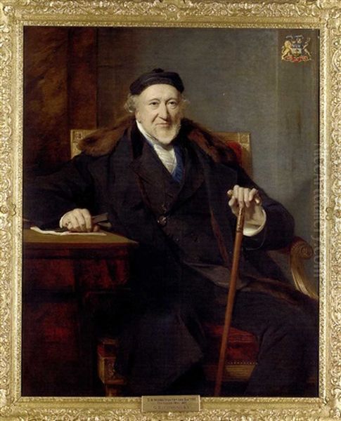 Portrait Of Sir Moses Montefiore Seated At A Desk, In A Black Suit And Cap Oil Painting by George Richmond