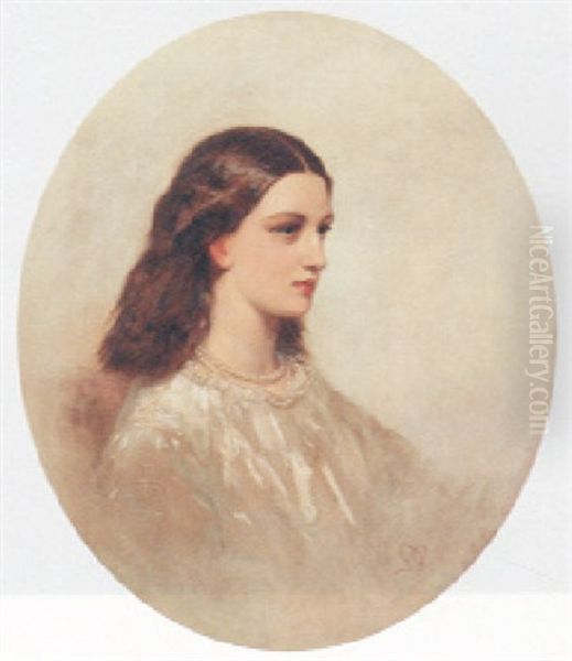 Portrait Of A Lady Wearing A White Dress And Pearl Necklace Oil Painting by George Richmond