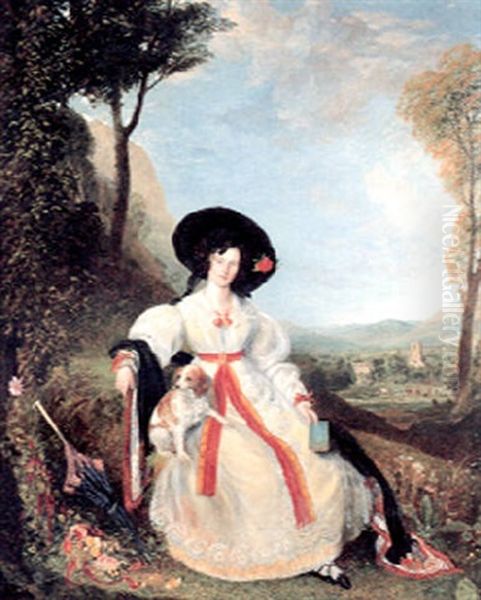 Portrait Of Miss Chalders, Seated With Her Dog In A Landscape Oil Painting by George Richmond