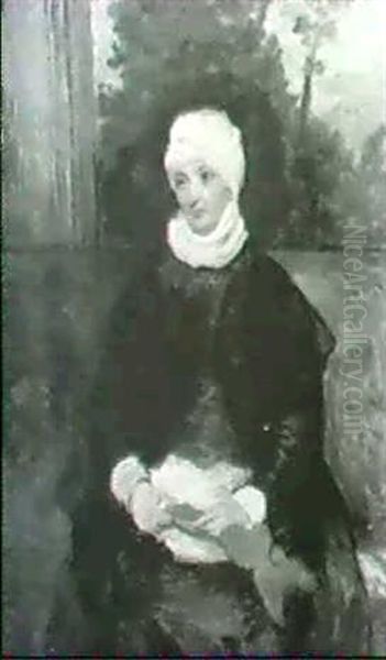 Portrait Of A Lady, Seated Three-quarter Length Wearing A   White Bonnet And Black Dress, Holding A Red Scarf Oil Painting by George Richmond