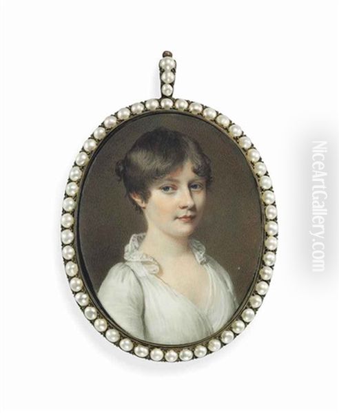 A Young Lady, In White Dress With Lace Collar, Short Brown Hair Oil Painting by Thomas Richmond