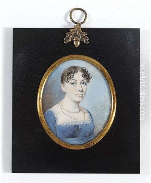 A Lady, Called Mary Jane Peyton, Wearing Blue Dress With White Lace Trim, Pearl Necklace And A Fine Black Cord Pinned To Her Bodice With A Crescent Shaped Brooch Oil Painting by Thomas Richmond