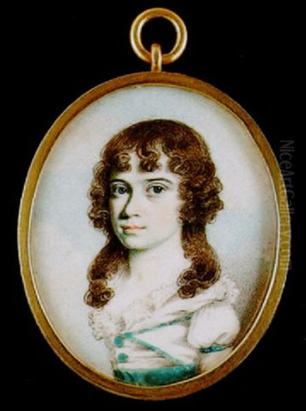 A Young Girl, Her Curled Hair Falling About Her Shoulders, Wearing Turquoise Trimmed White Dress Oil Painting by Thomas Richmond