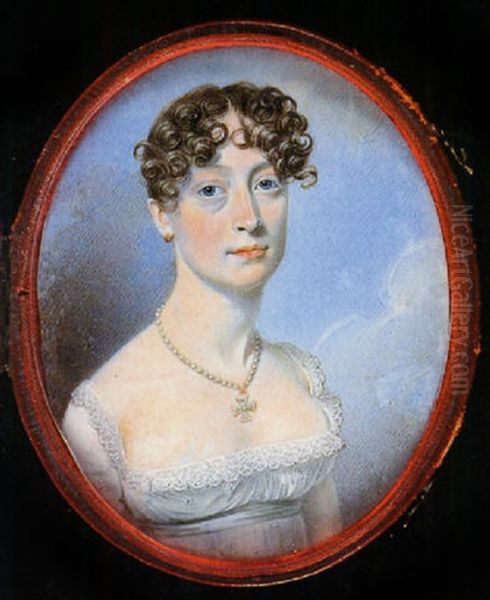 Mary Spencer Wynter, In White Decollete Dress With Pale Blue Waistband, Pearl Necklace With Gold And Pearl Crucifix At Her Neck Oil Painting by Thomas Richmond