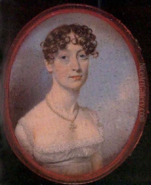 Mary Spencer Wynter In White Decollete Dress With Pale Blue Waistband, Pearl Necklace With Gold And Pearl Crucifix Oil Painting by Thomas Richmond