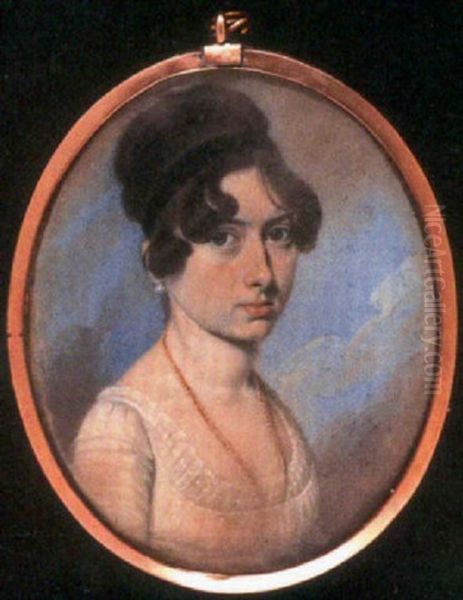 A Lady In White Dress With Lace Neckline, Gold Necklace, Pearl Earrings, A Black Band In Her Upswept Dark Hair Oil Painting by Thomas Richmond