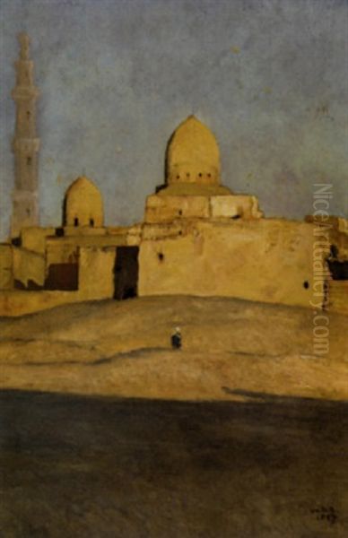 A Figure On Sand Dunes Before A Cairo Mosque Oil Painting by Sir William Blake Richmond