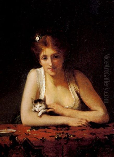 Meisje Met Poes Oil Painting by Jules Richomme