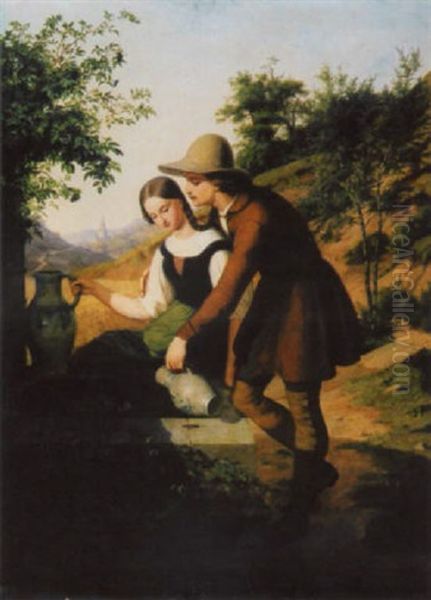 Junges Paar Am Brunnen Oil Painting by Adolf Heinrich Richter