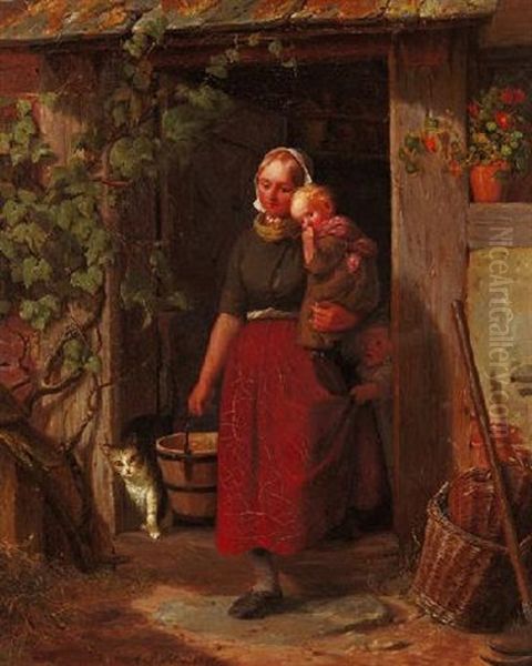 Junge Bauerin Mit Ihren Kindern An Der Eingangstur Oil Painting by Adolf Heinrich Richter