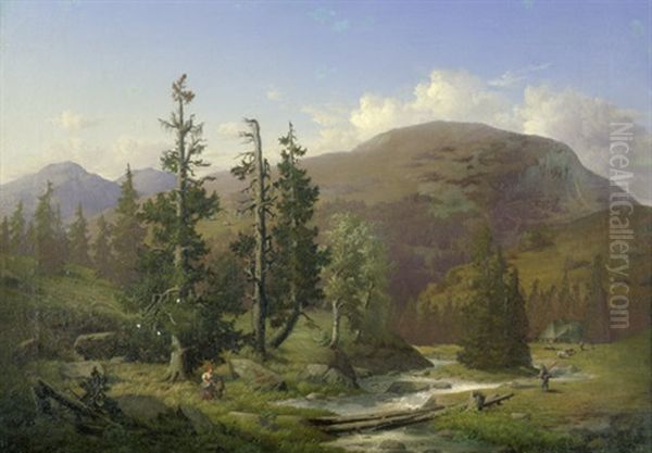 Nordamerikanische Landschaft Mit Trappern, Im Mittelgrund Ein Holzhaus (landschaft In Den Appalachen?) Oil Painting by Albert (Adolf) Richter