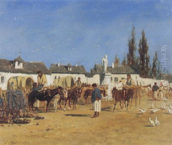 Ungarische Dorfstrasse Mit Fuhrwerken, Topferwaren Und Weissen Gansen Oil Painting by Albert (Adolf) Richter