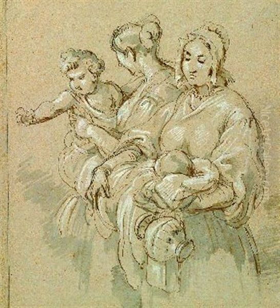 Zwei Mutter Mit Ihren Kindern (+ Sketch, Verso) Oil Painting by August Richter