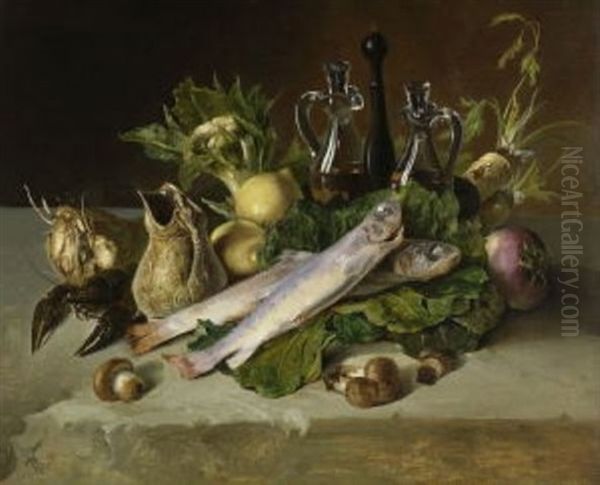 Stillleben Mit Gemuse Und Fischen Oil Painting by Carl August Richter