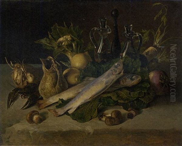 A Still Life With Lemons, Mushrooms, Beetroot And Fish Oil Painting by Carl August Richter