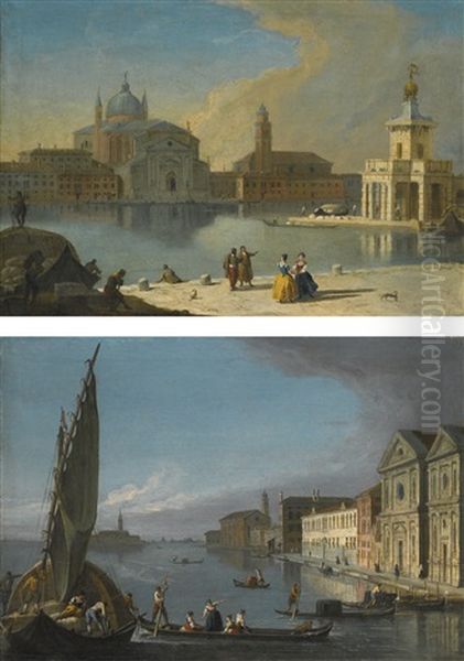 Venice, A View From The Riva Delle Schiavoni Past The Punta Della Dogana Towards The Chiesa Del Redentore; Venice, A View From The Canale Della Giudecca Of The Fondamenta Zattere Spirito Santo Oil Painting by Carl Johann Richter