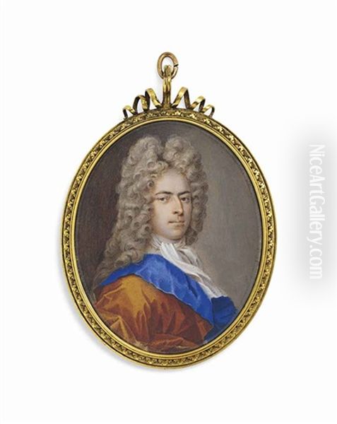 A Gentleman, In Amber-coloured Cloak With Blue Lining And White Cravat, Long, Full-bottomed Wig Oil Painting by Christian Richter