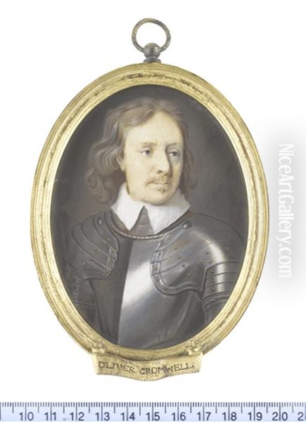 Oliver Cromwell (1599-1658), Lord Protector Of England (1653-1658), Wearing Suit Of Armour And White Collar, His Natural Hair Worn To His Shoulders Oil Painting by Christian Richter