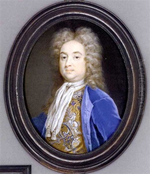 A Gentleman Called William Pulteney, 1st Earl Of Bath (1684-1764), In Blue Velvet Coat, Silver And Blue Embroidered Floral Beige Waistcoat, Tied Cravat With Tassels, Full-bottomed Powdered Curling Wig Oil Painting by Christian Richter